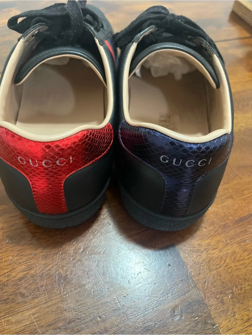 Gucci Black Leather Sneakers with Red & Blue  Stripes and Bee On Side